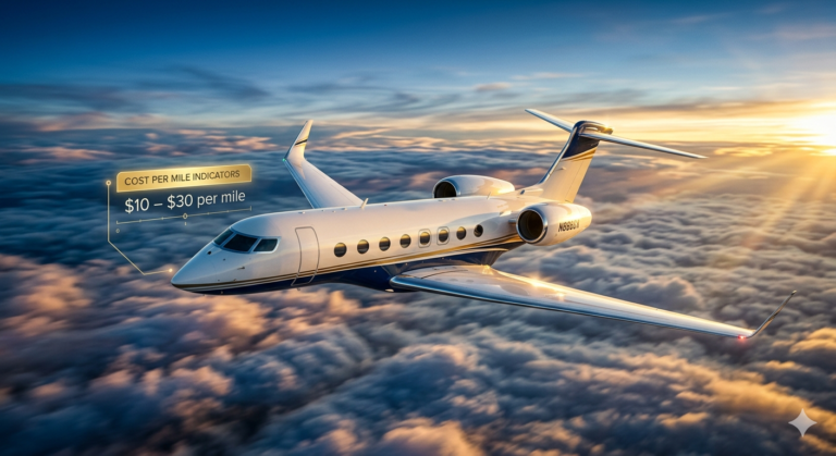 Private jet flying above clouds showing average cost per mile for private jet travel in 2026 UK vs USA