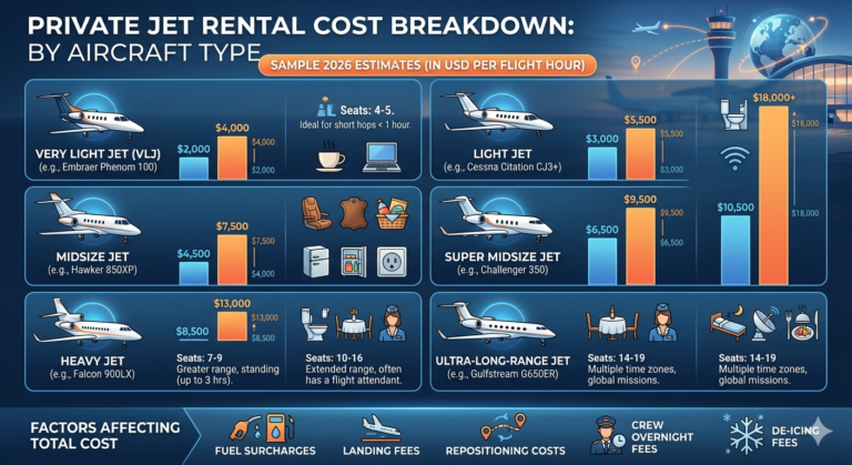 private jet rental cost breakdown by aircraft type